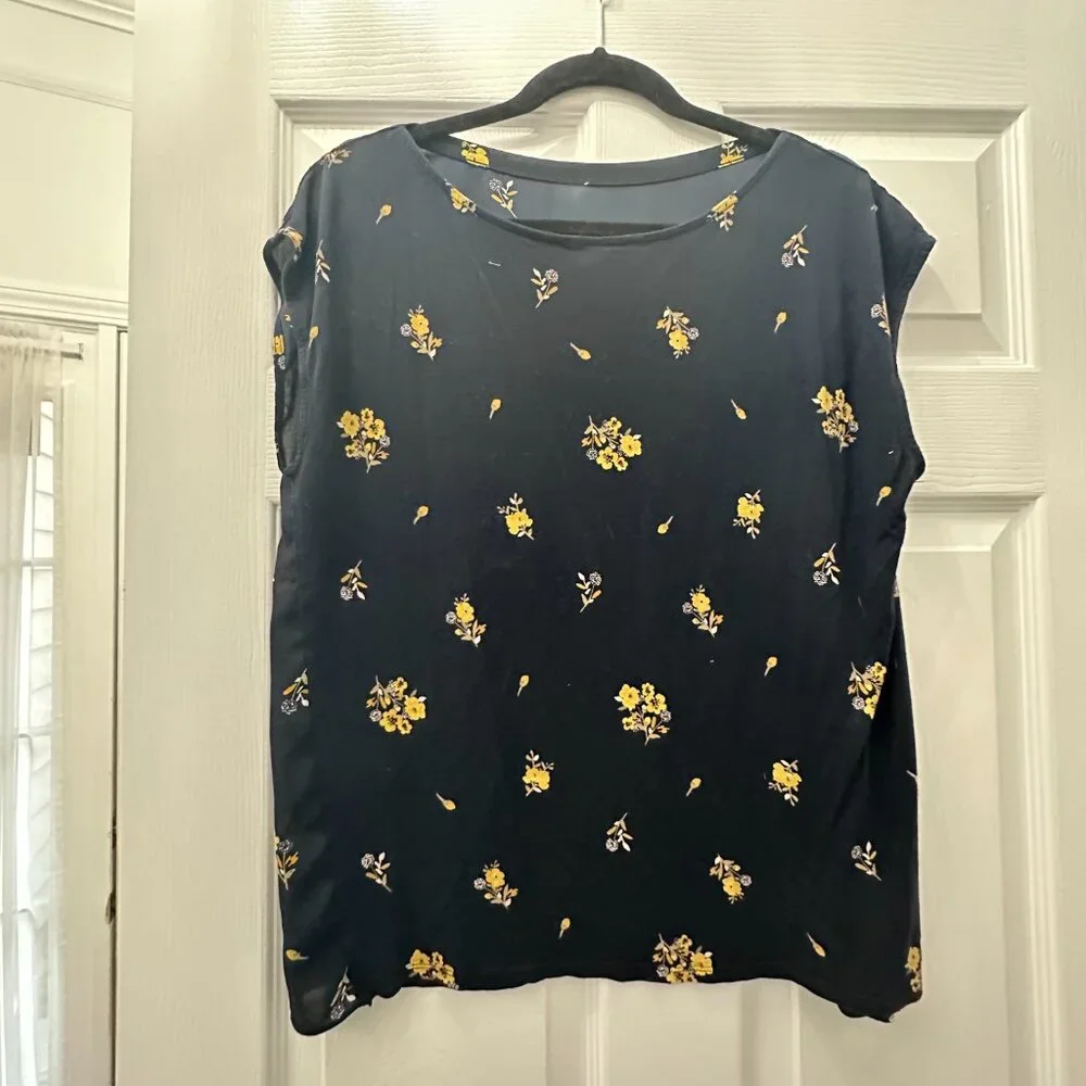 Loft Navy Flower Boatneck Blouse Top Size L - Picture 3 of 5
